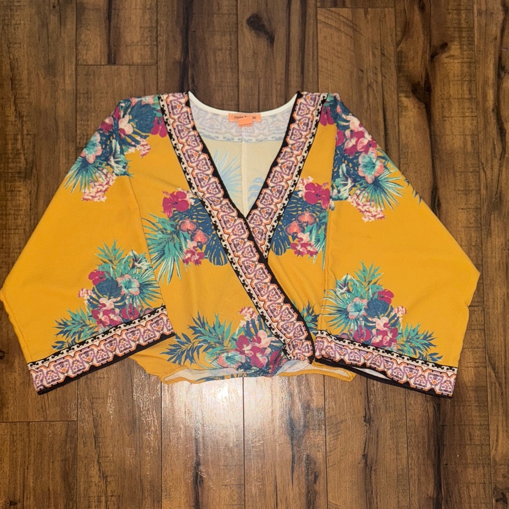 Flying Tomato Mustard Floral Wrap Blouse